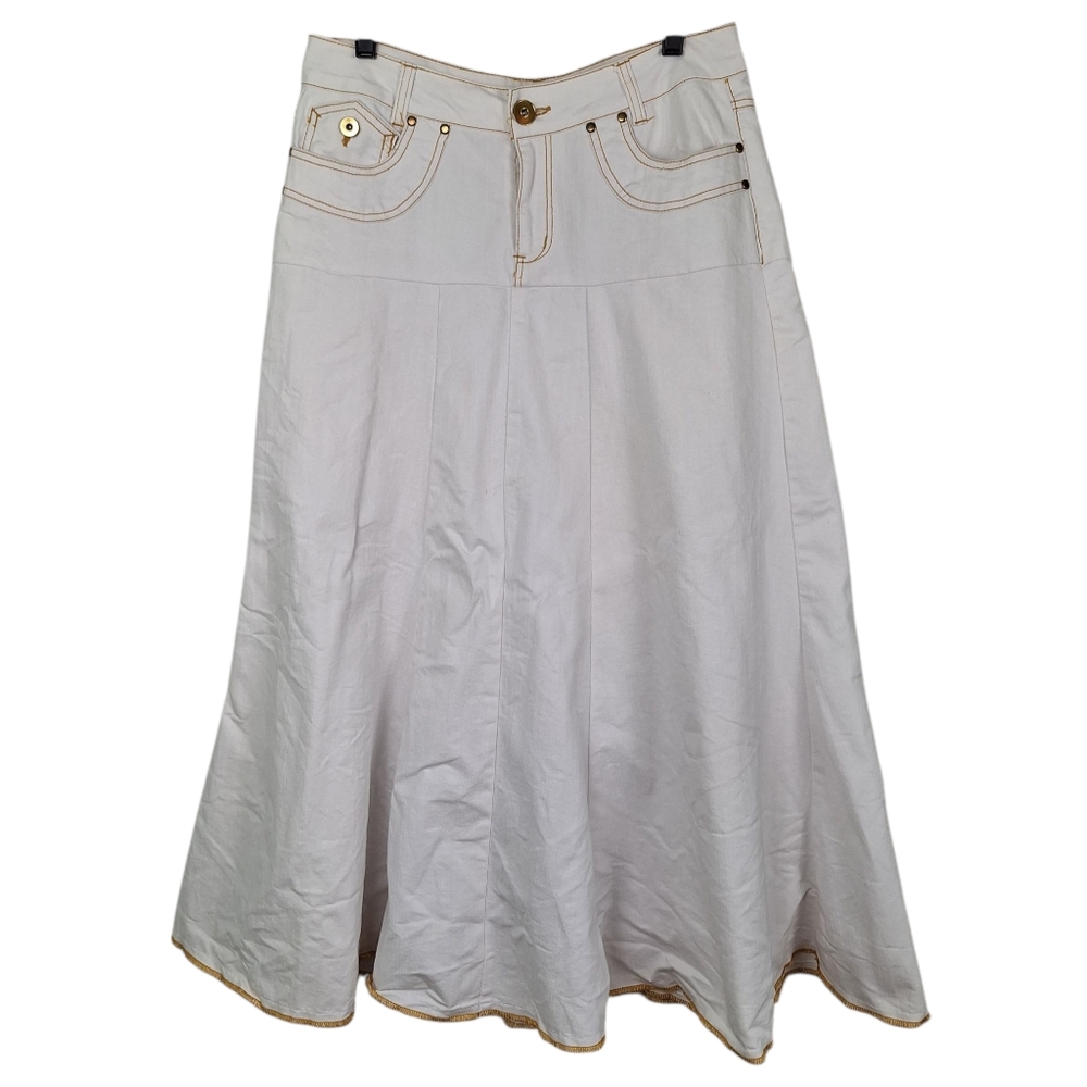Vintage Cato White Denim Midi Skirt Sunflower Yellow Trim Pockets 8
